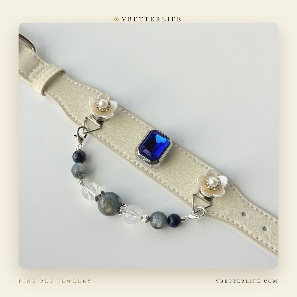 Camellia Pearl Flower Gemstone Dog Collar - Sapphire Mix