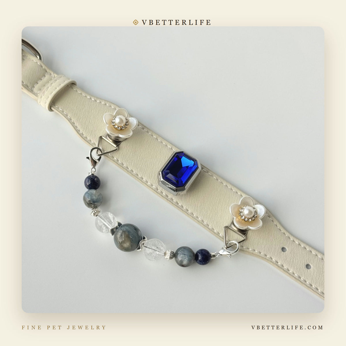 Camellia Pearl Flower Gemstone Dog Collar - Sapphire Mix