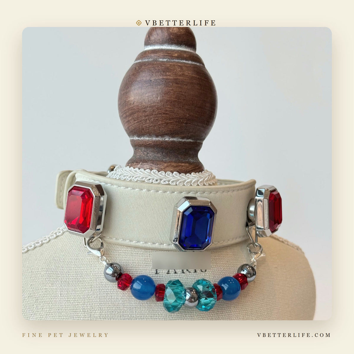 Grand Duchess Emerald-Cut Crystal Dog Collar - Sapphire Ruby Cream