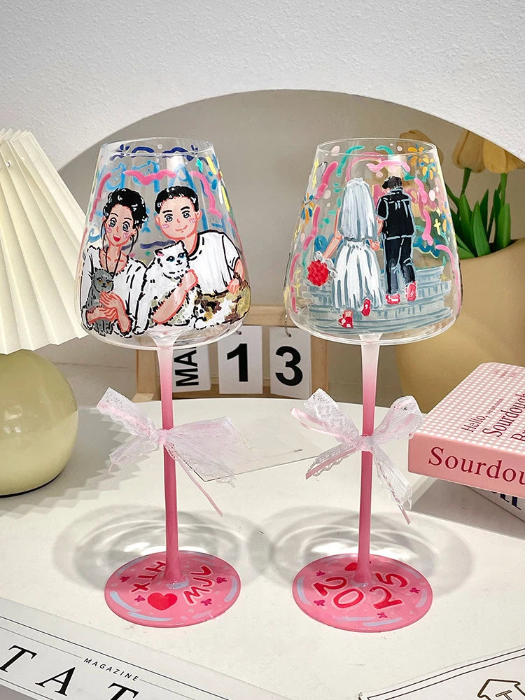 Bespoke Couple Portrait Illustration Wine Glass | Hand-Painted Custom Gift for Bride & Groom | Romantic Lace Bow Decor | Personalized Anniversary Art| Set of 2