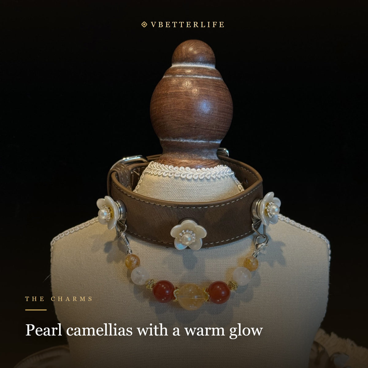 Camellia Pearl Flower Gemstone Dog Collar - Carnelian & Citrine