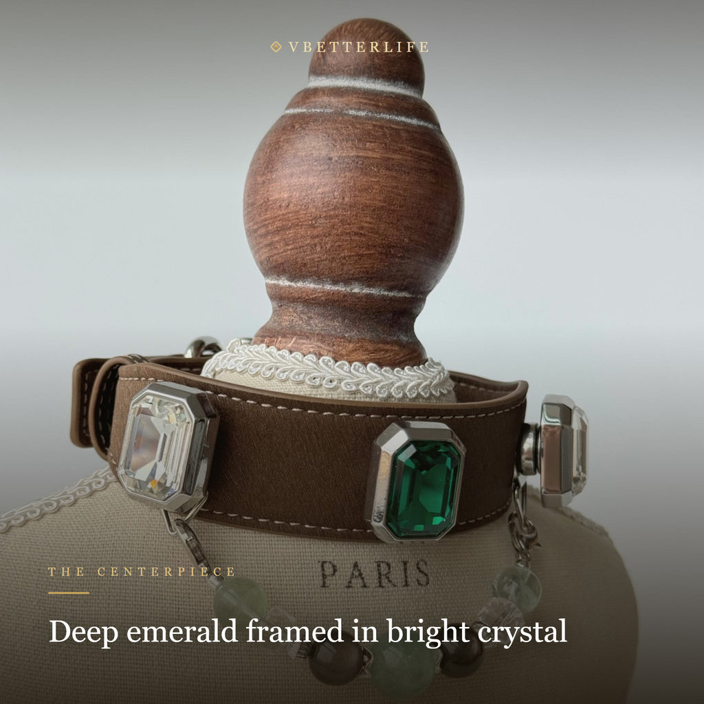 Emerald Onyx Fluorite & Black Obsidian Crystal Dog Collar