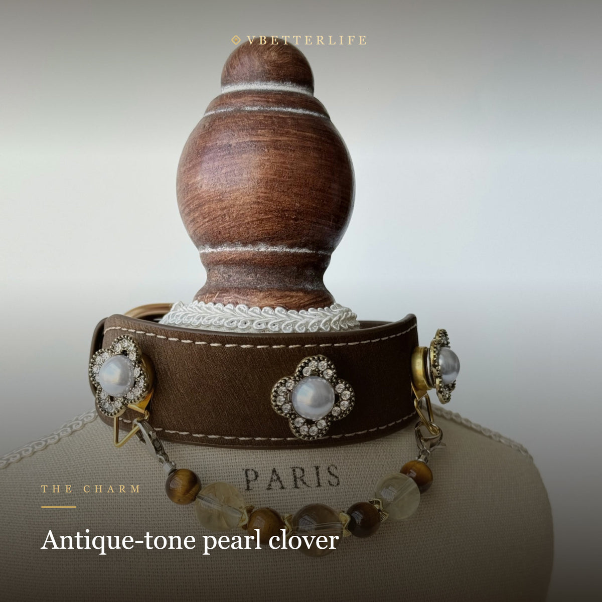 Vintage Clover Pearl & Tiger's Eye Crystal Dog Collar