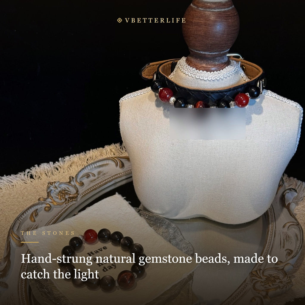Onyx & Carnelian Beaded Dog Collar for Small Dogs, Black Quilted Leather