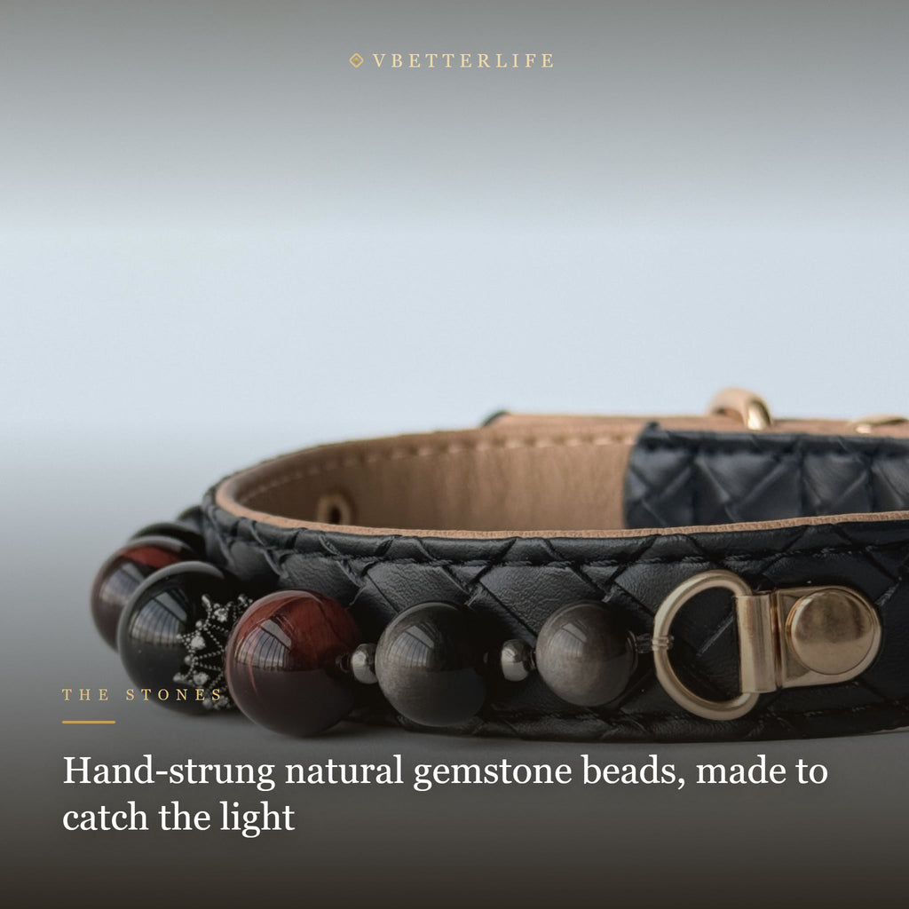 Tiger Eye & Obsidian Pavé cute Beaded Dog Collar for Small Dogs, Black Leather