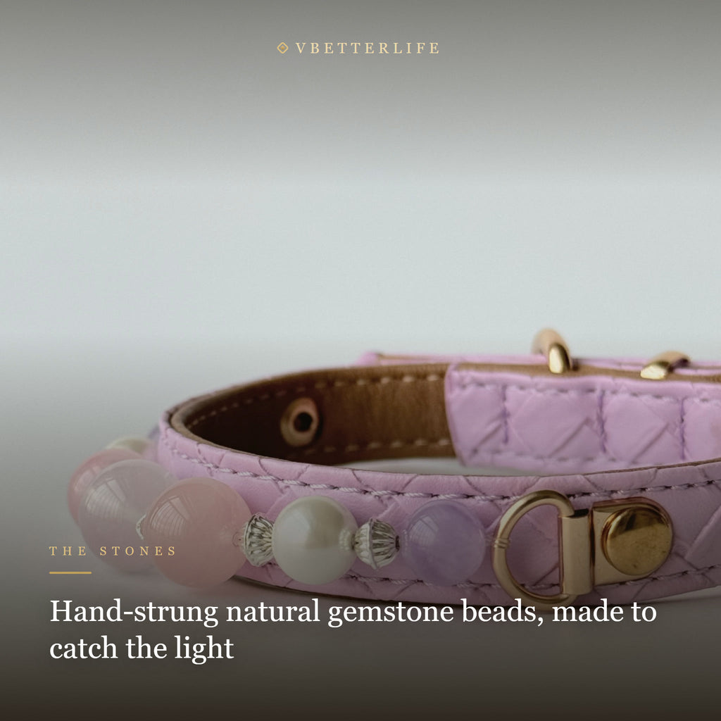 Rose Quartz Amethyst & Pearl Dog Collar for Small Dogs, Purple Quilted Leather