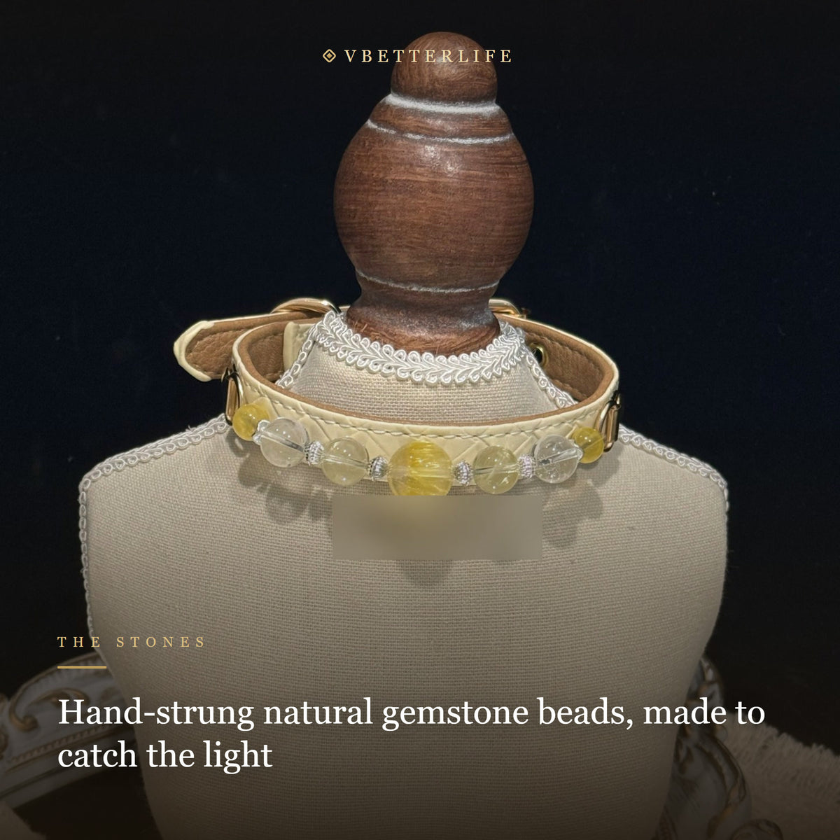 Citrine & Clear Quartz Beaded Dog Collar for Small Dogs, Cream Quilted Leather