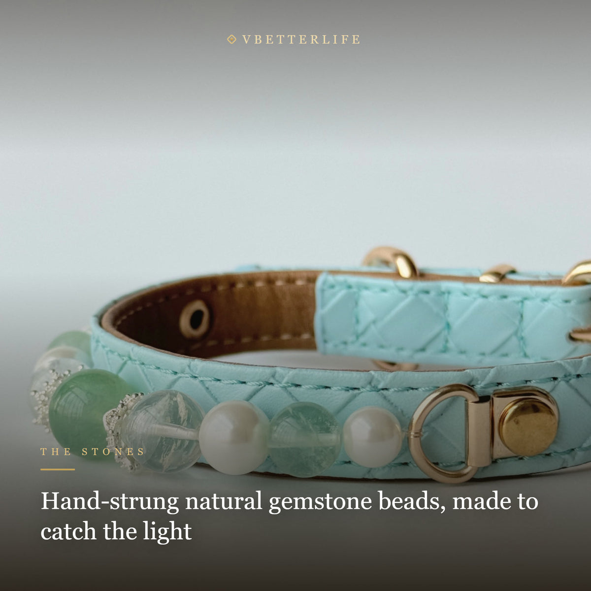 Green Aventurine & Pearl Beaded Dog Collar for Small Dogs, Sky Blue Leather