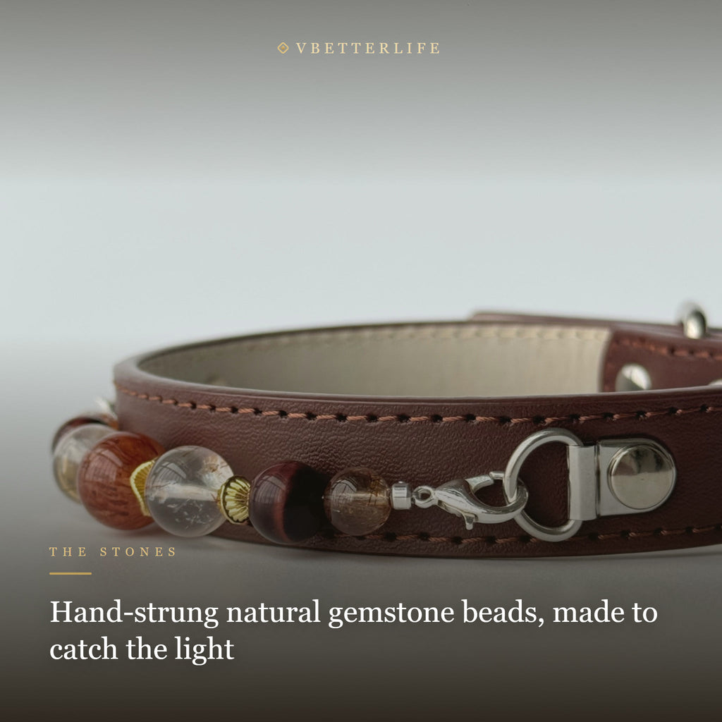 Red Agate & Tiger Eye Beaded Dog Collar for Small Dogs, Brown Leather