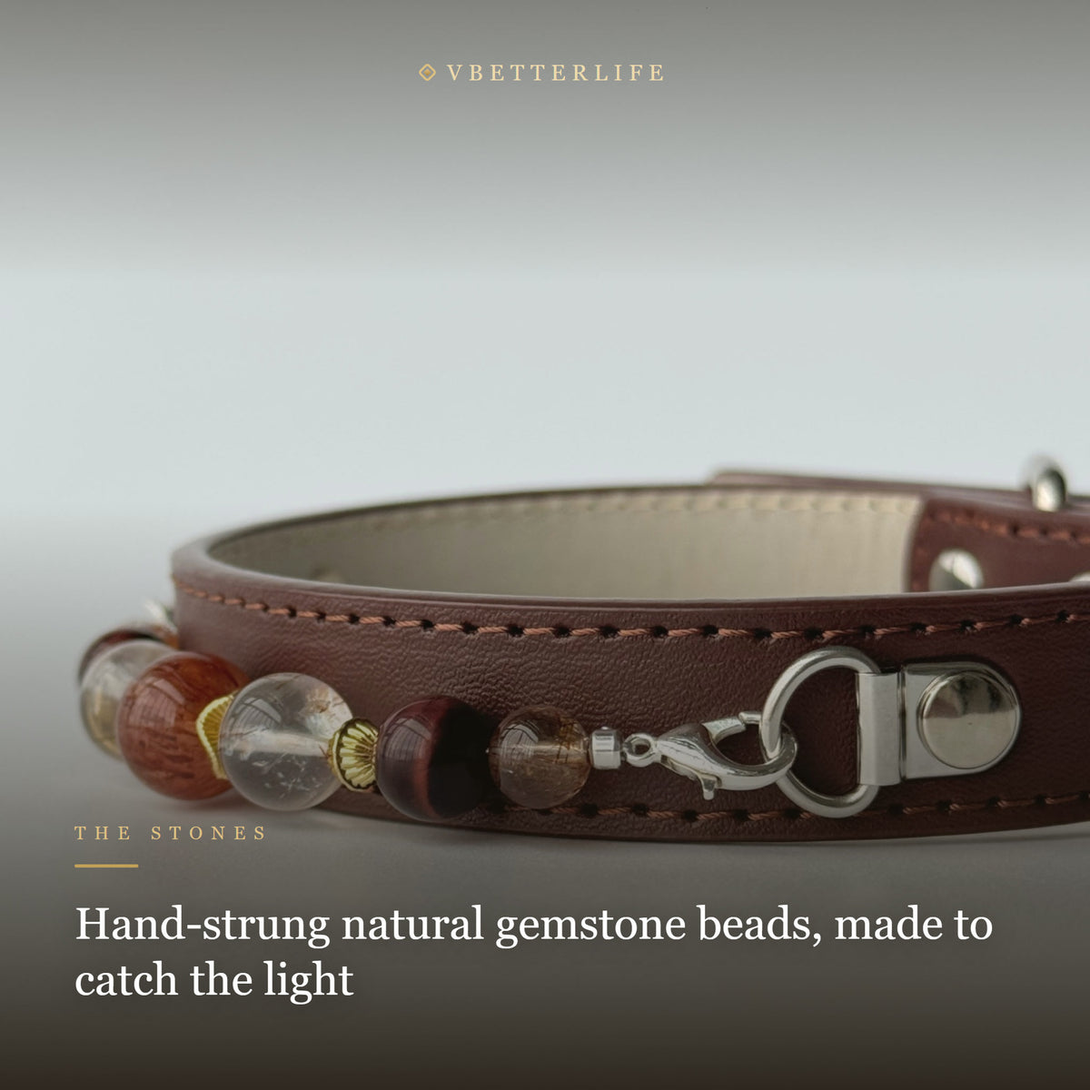 Red Agate & Tiger Eye Beaded Dog Collar for Small Dogs, Brown Leather