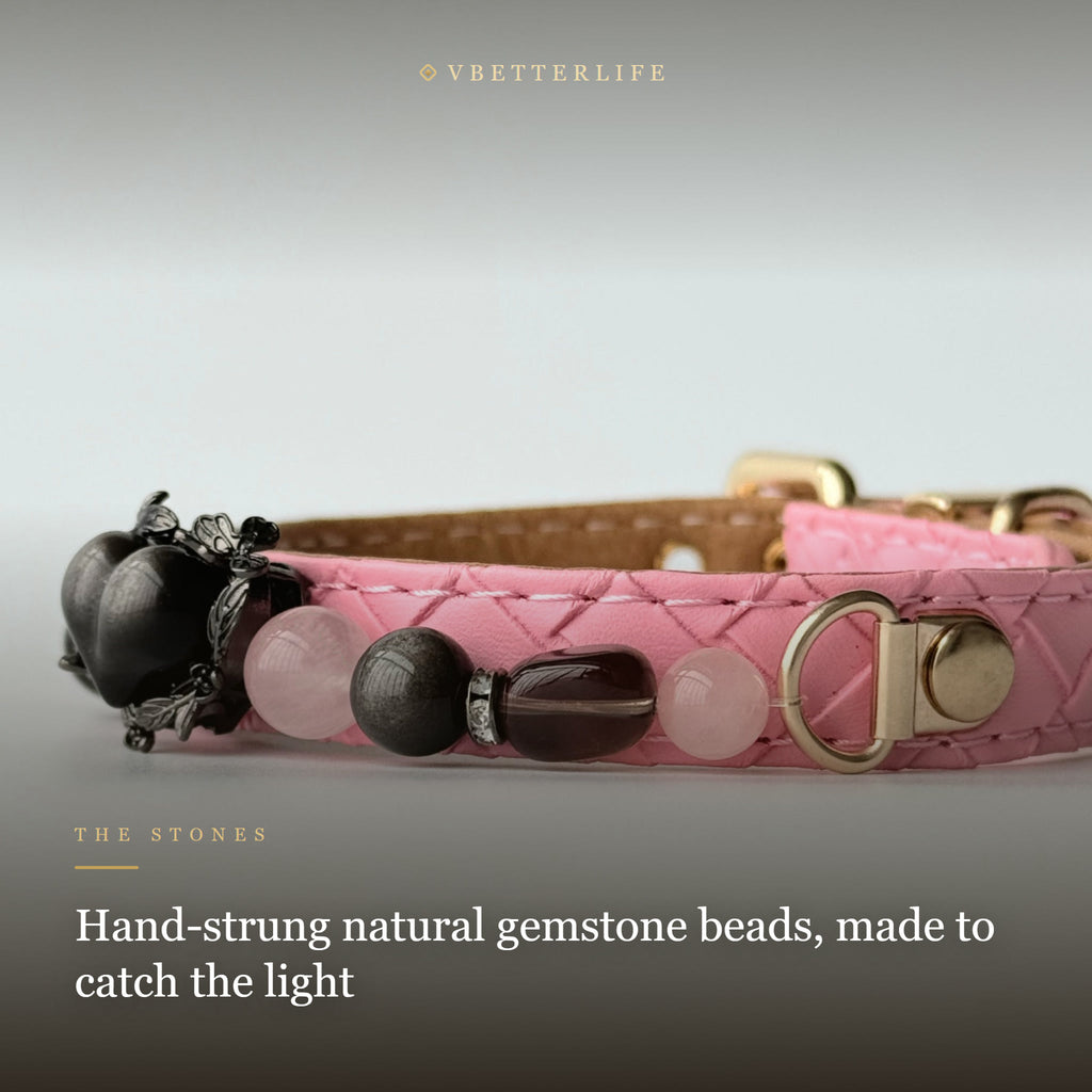 Black Heart Charm Beaded Dog Collar for Small Dogs, Pink Quilted Leather