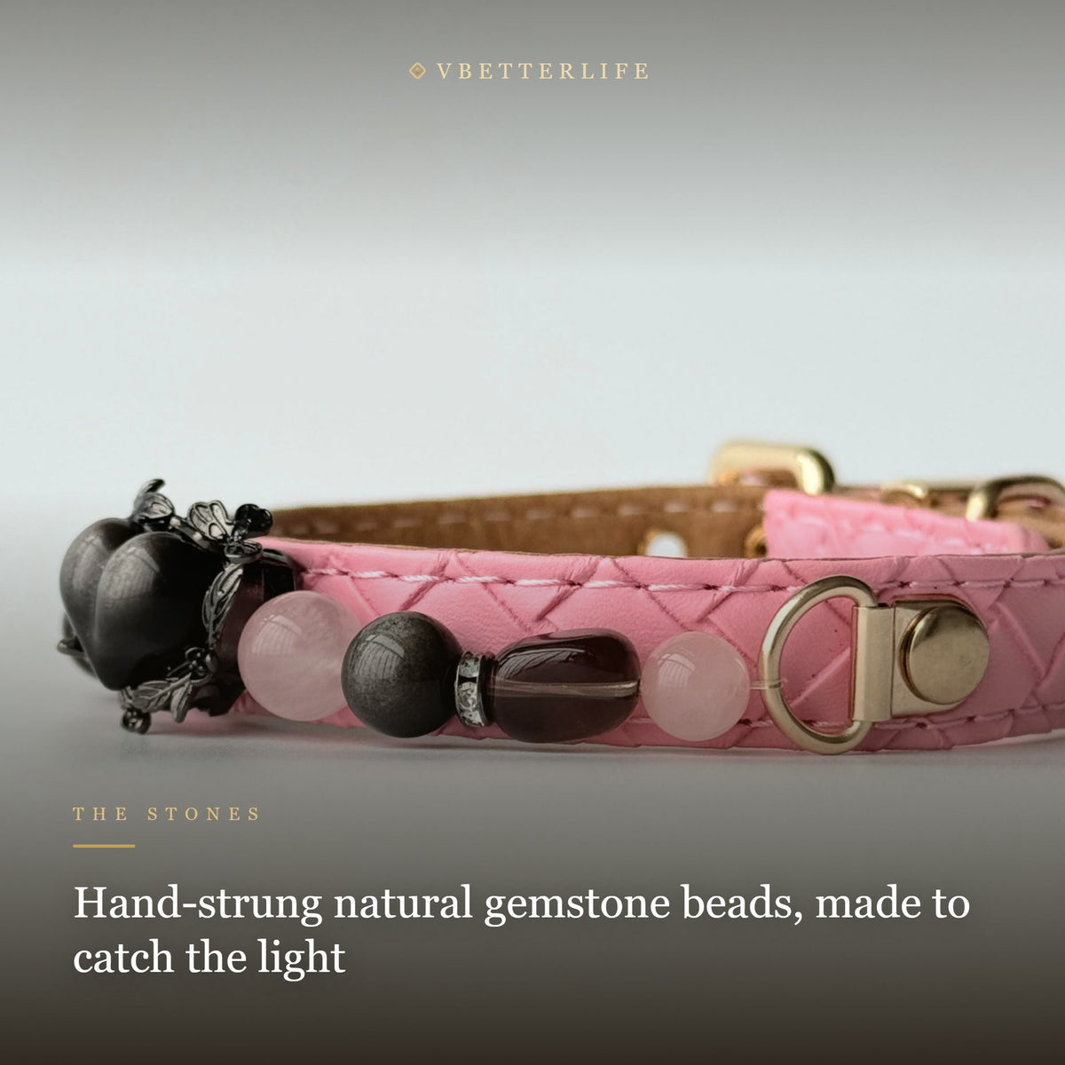 Black Heart Charm Beaded Dog Collar for Small Dogs, Pink Quilted Leather