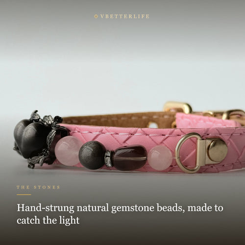Black Heart Charm Beaded Dog Collar for Small Dogs, Pink Quilted Leather