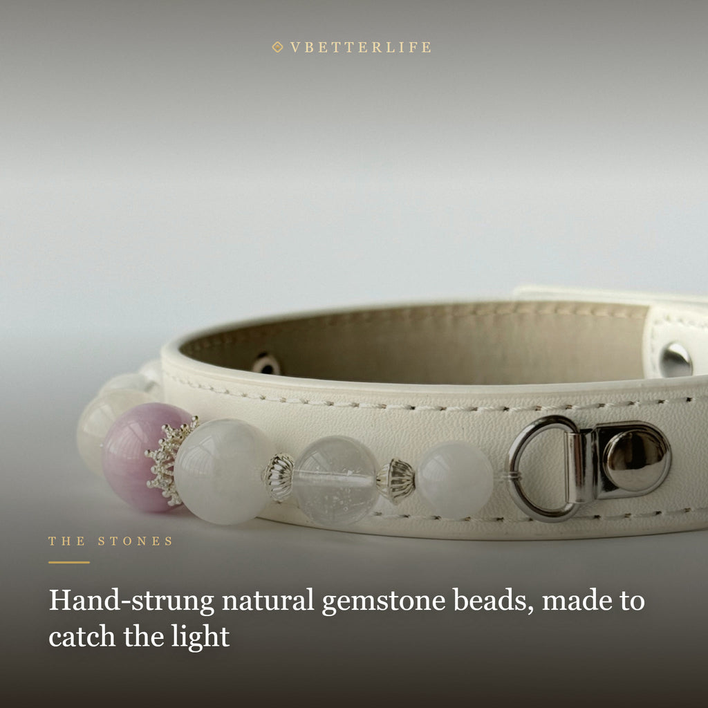 Rose Quartz & Clear Quartz Beaded Dog Collar for Small Dogs, White Leather