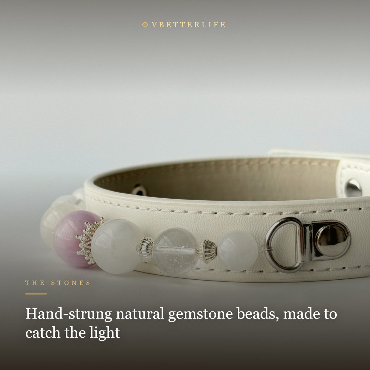 Rose Quartz & Clear Quartz Beaded Dog Collar for Small Dogs, White Leather