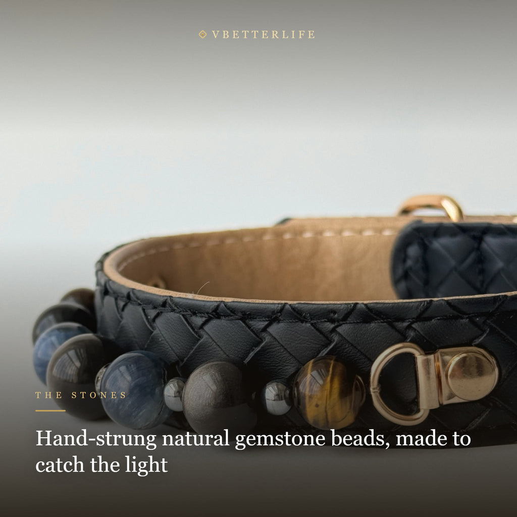 Blue Tiger Eye & Obsidian Beaded Dog Collar for Small Dogs, Black Leather
