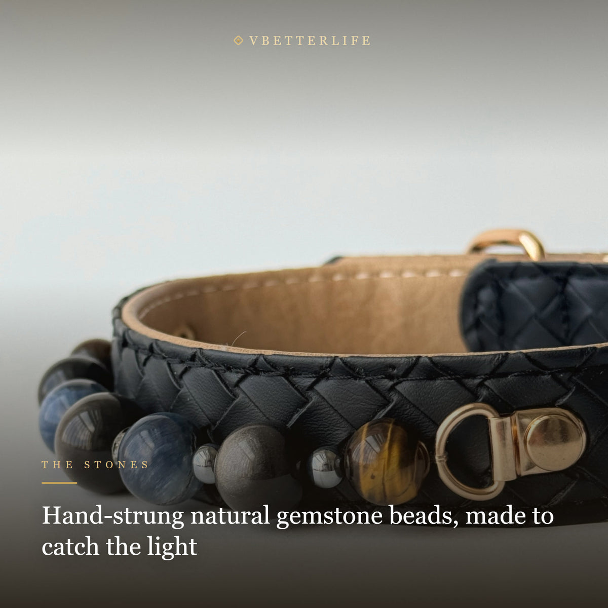 Blue Tiger Eye & Obsidian Beaded Dog Collar for Small Dogs, Black Leather