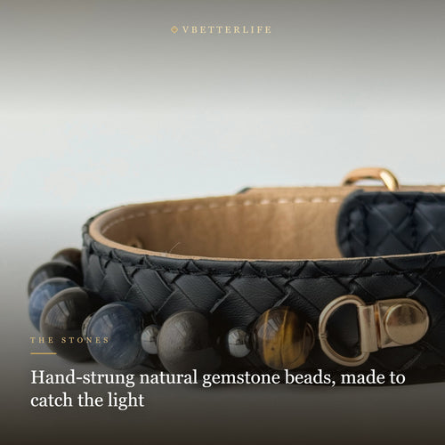 Blue Tiger Eye & Obsidian Beaded Dog Collar for Small Dogs, Black Leather