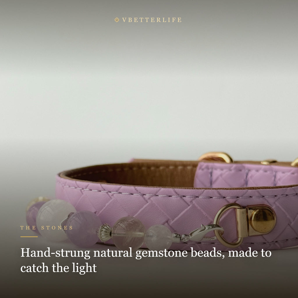 Amethyst & Cloud Quartz Beaded Dog Collar for Small Dogs, Lilac Leather