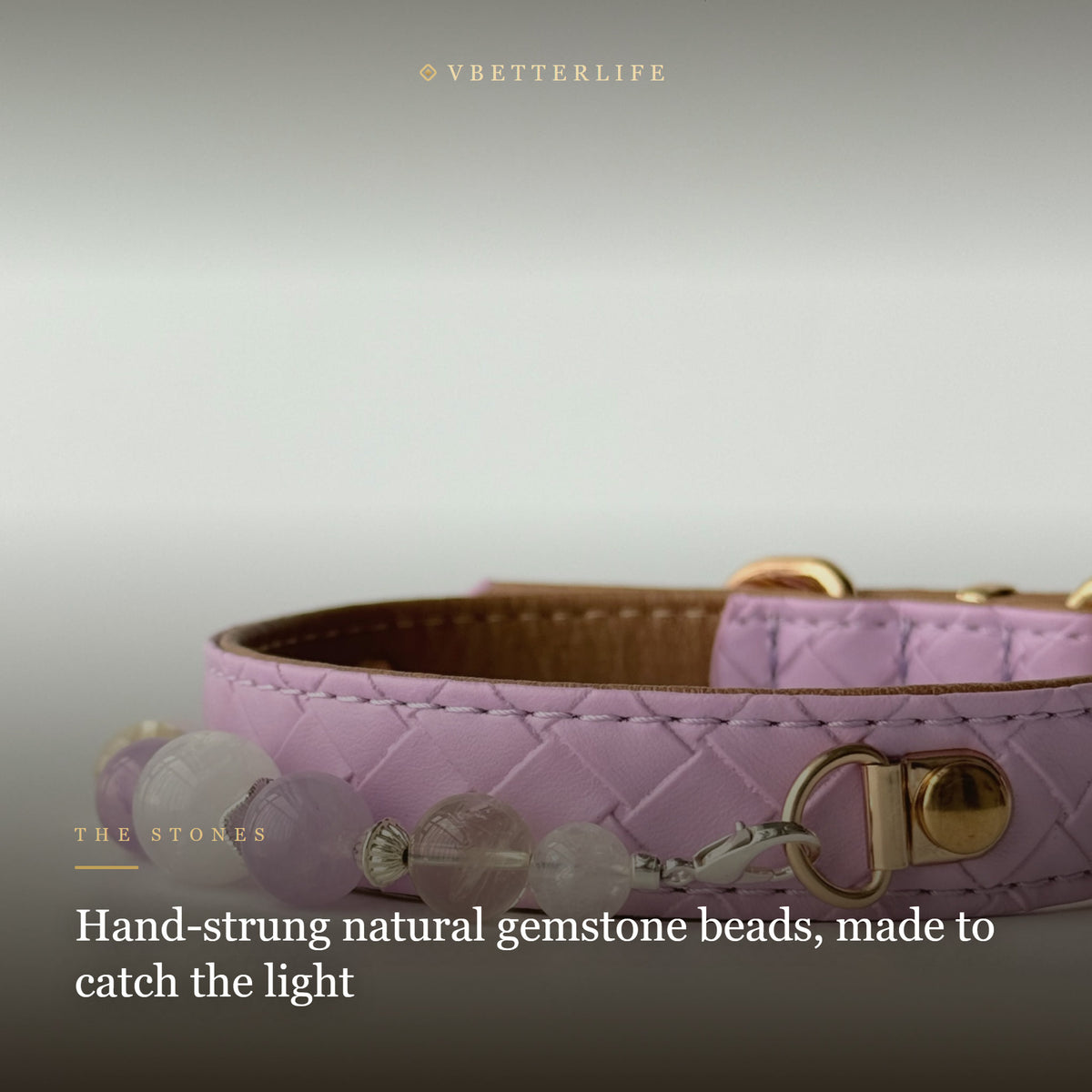 Amethyst & Cloud Quartz Beaded Dog Collar for Small Dogs, Lilac Leather
