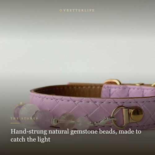 Amethyst & Cloud Quartz Beaded Dog Collar for Small Dogs, Lilac Leather