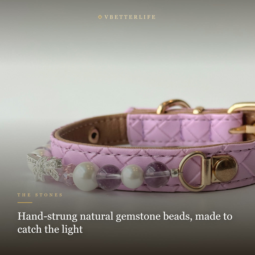 Amethyst Pearl Bow Dog Collar for Small Dogs, Lilac Quilted Leather