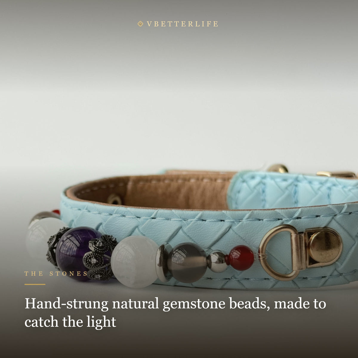 Amethyst & White Jade Beaded Dog Collar for Small Dogs, Sky Blue Leather