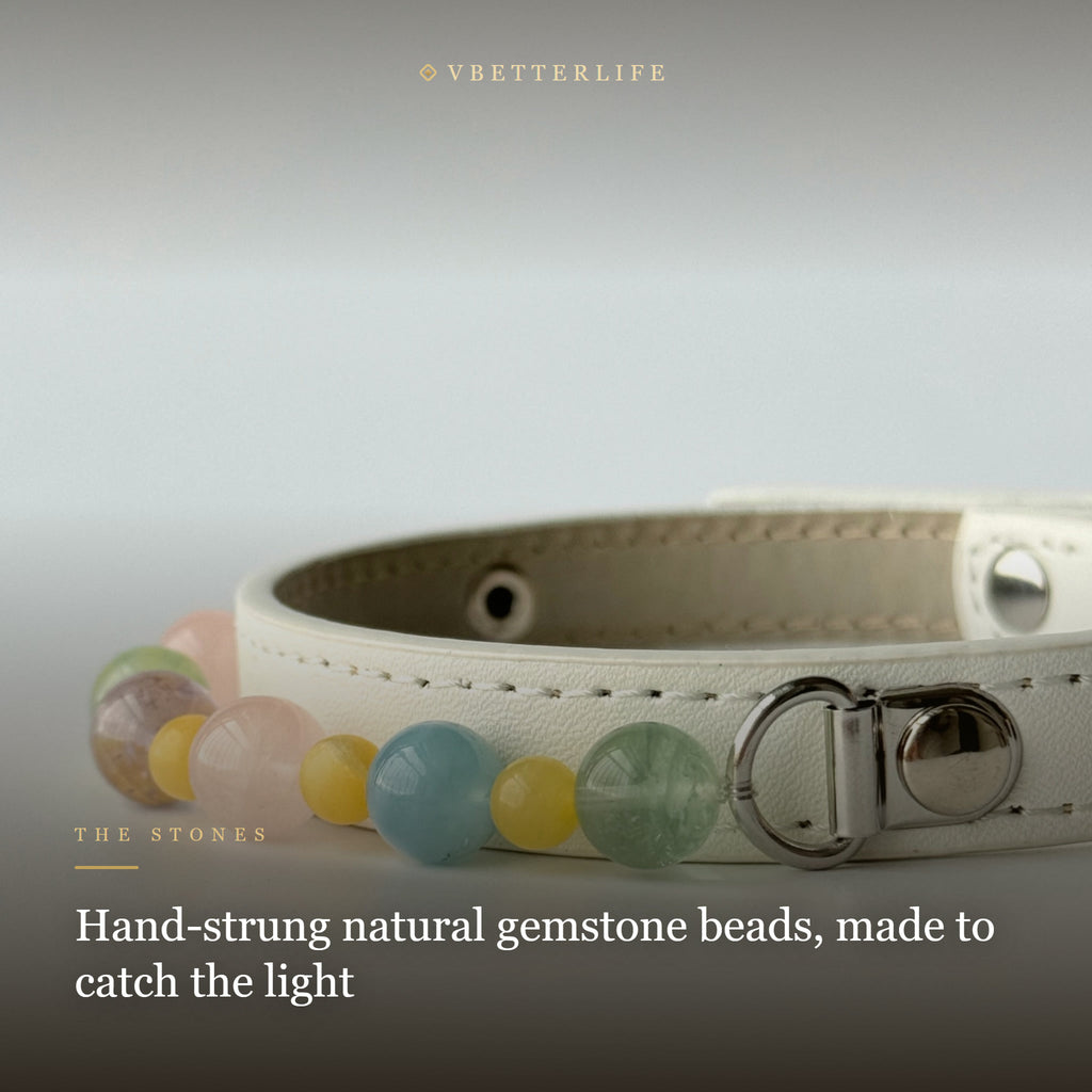 Macaron Pastel Beaded Dog Collar for Small Dogs, Cream Quilted Leather