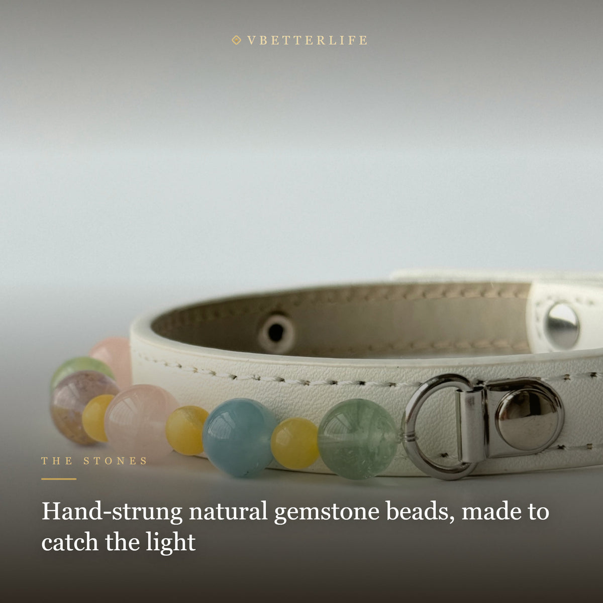Macaron Pastel Beaded Dog Collar for Small Dogs, Cream Quilted Leather