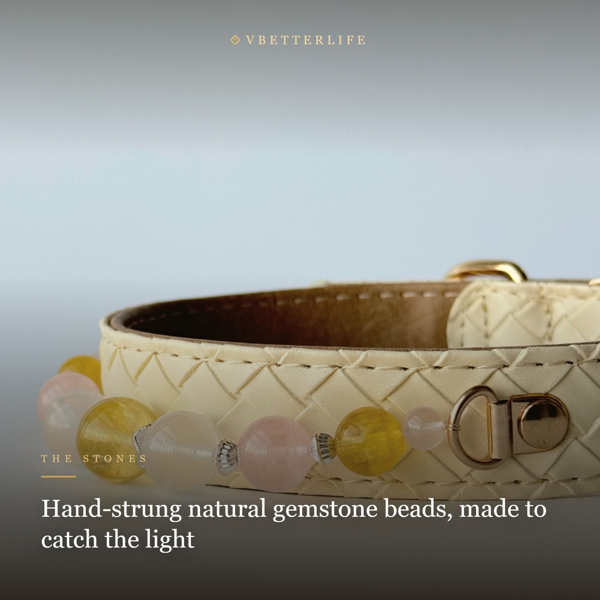 Citrine & Rose Quartz Beaded Dog Collar for Small Dogs, Cream Quilted Leather
