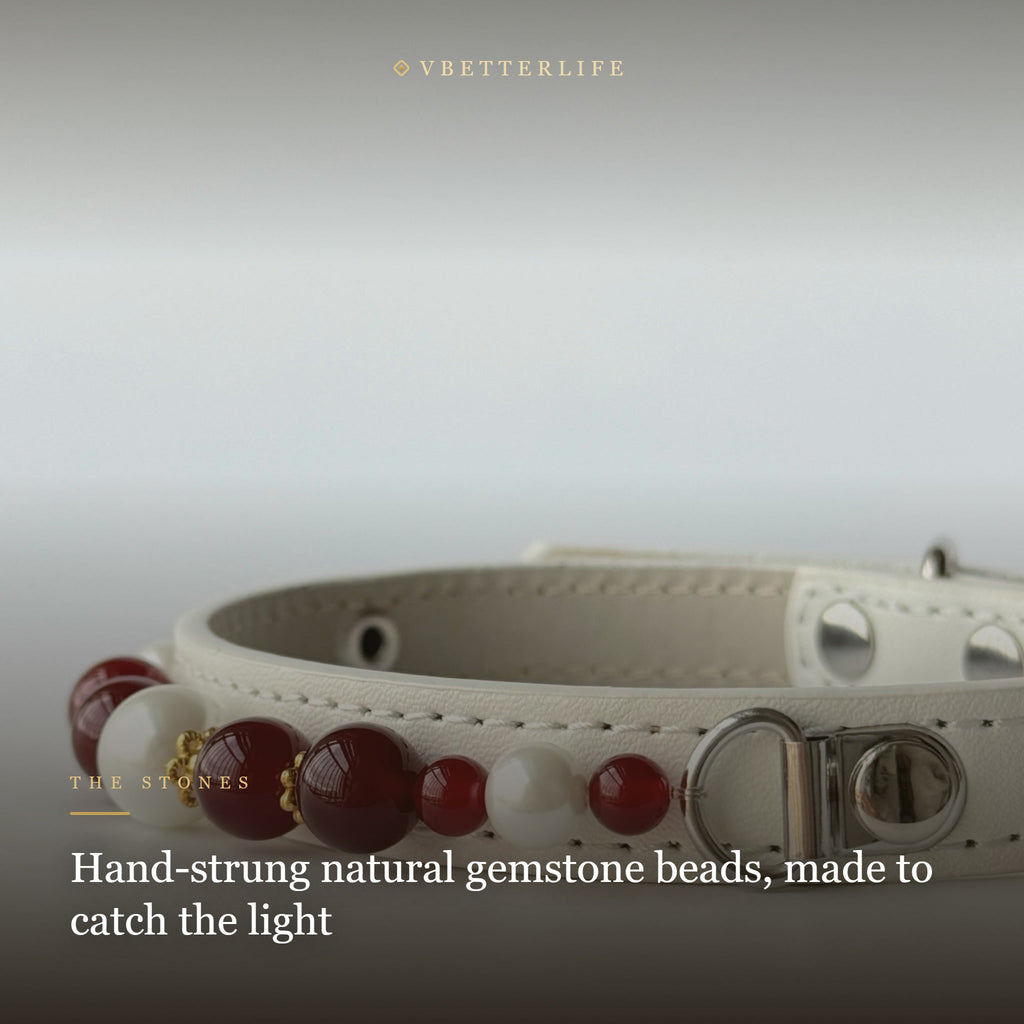 Carnelian & Pearl Beaded Dog Collar for Small Dogs, White Slim Leather