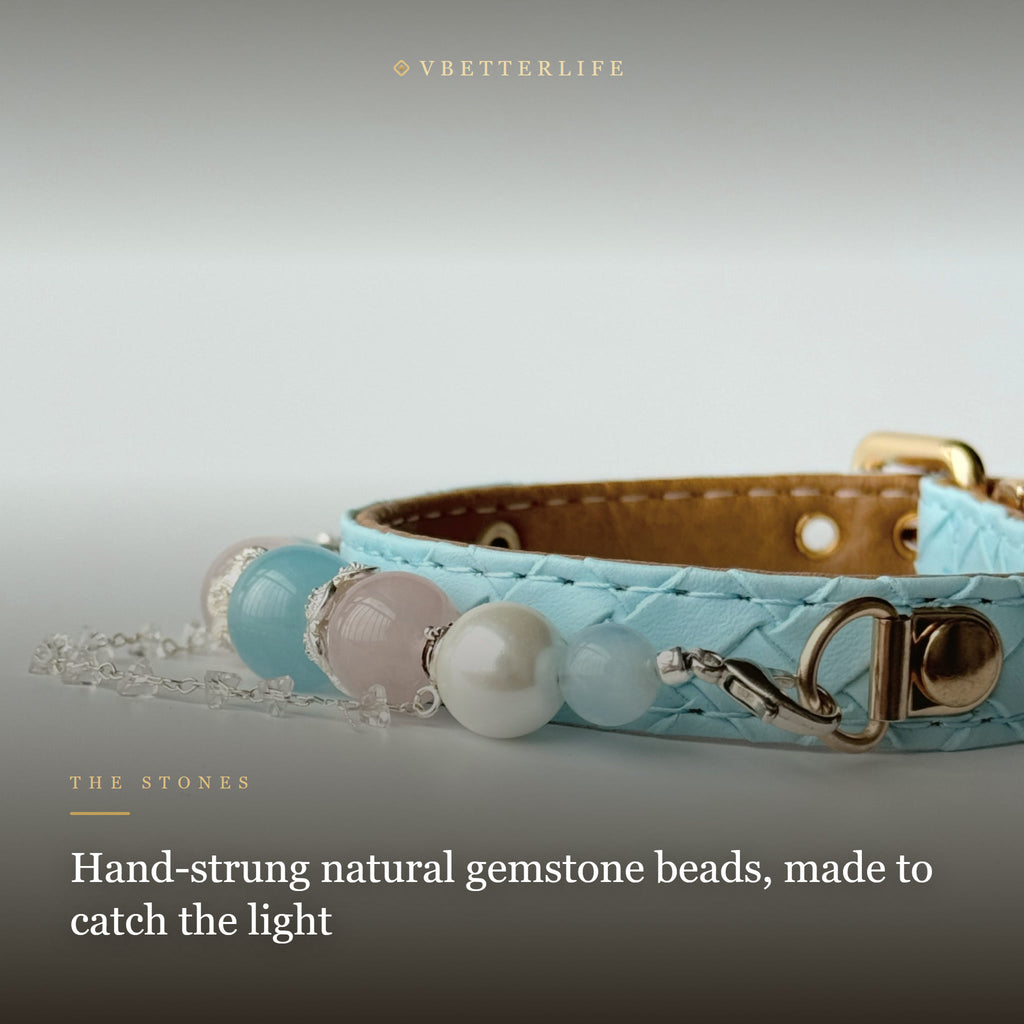 Rose Quartz & Pearl Beaded Dog Collar for Small Dogs, Sky Blue Quilted Leather