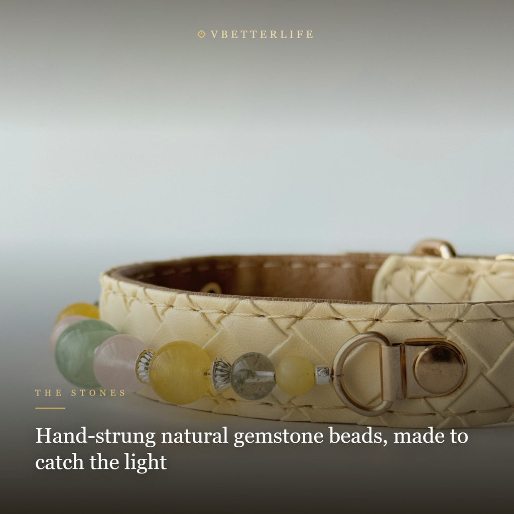 Pastel Gemstone Beaded Dog Collar for Small Dogs, Cream Quilted Leather