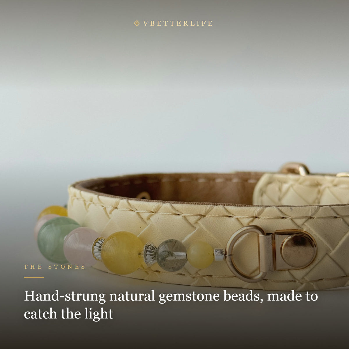 Pastel Gemstone Beaded Dog Collar for Small Dogs, Cream Quilted Leather