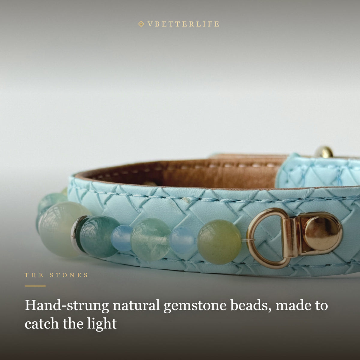 Green Aventurine Mix Beaded Dog Collar for Small Dogs, Sky Blue Quilted Leather
