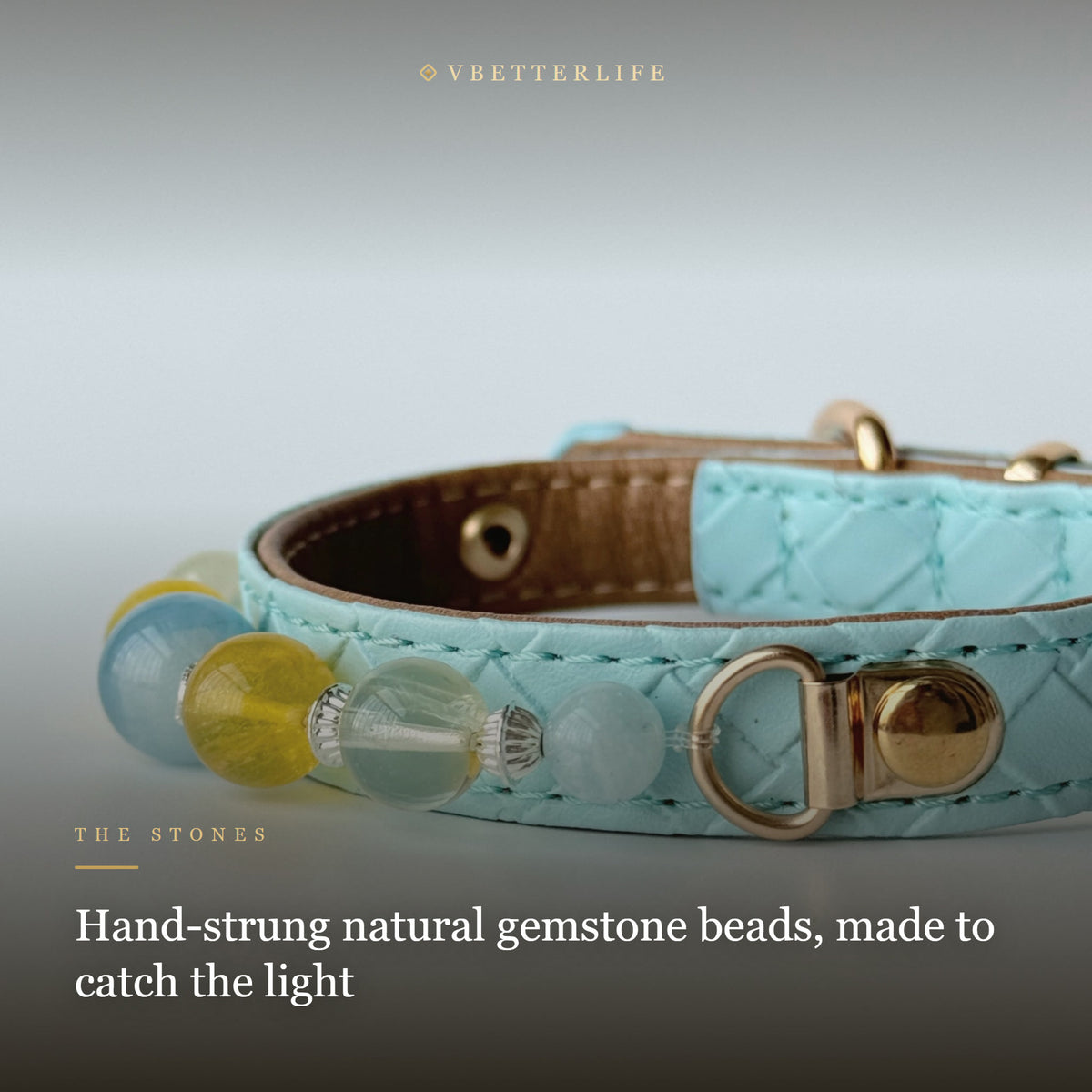 Aquamarine & Citrine Beaded Dog Collar for Small Dogs, Sky Blue Leather