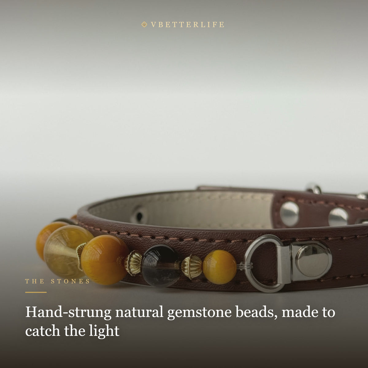 Amber & Tiger Eye Beaded Dog Collar for Small Dogs, Brown Leather