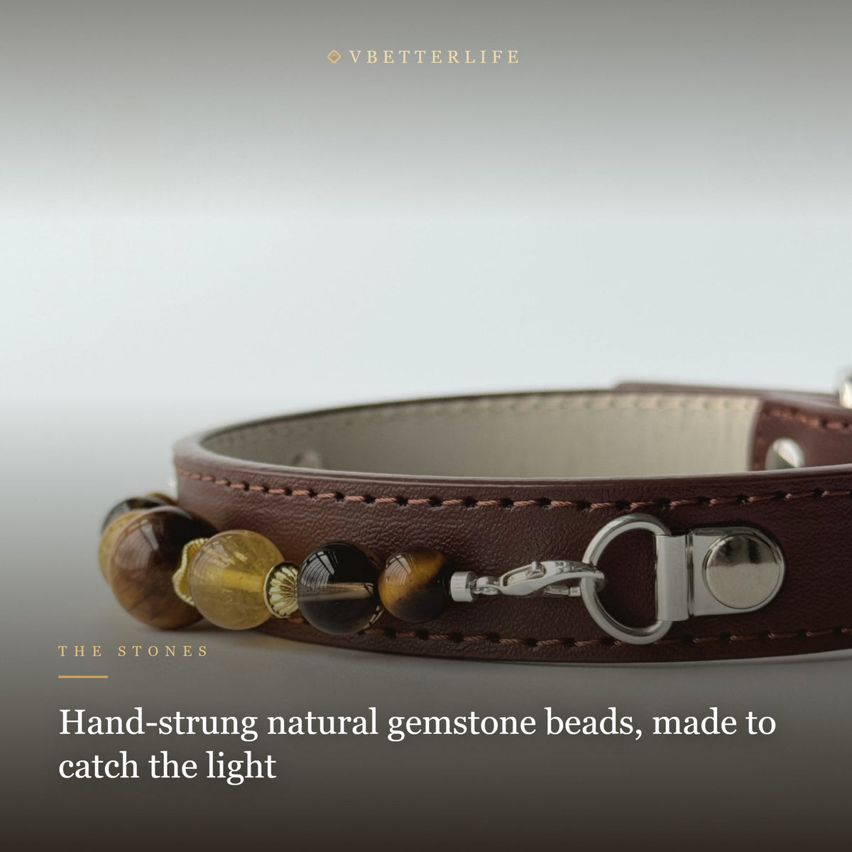 Tiger Eye & Citrine Beaded Dog Collar for Small Dogs, Brown Leather