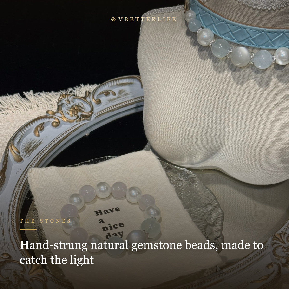 White Pearl & Moonstone Beaded Dog Collar for Small Dogs, Sky Blue Leather