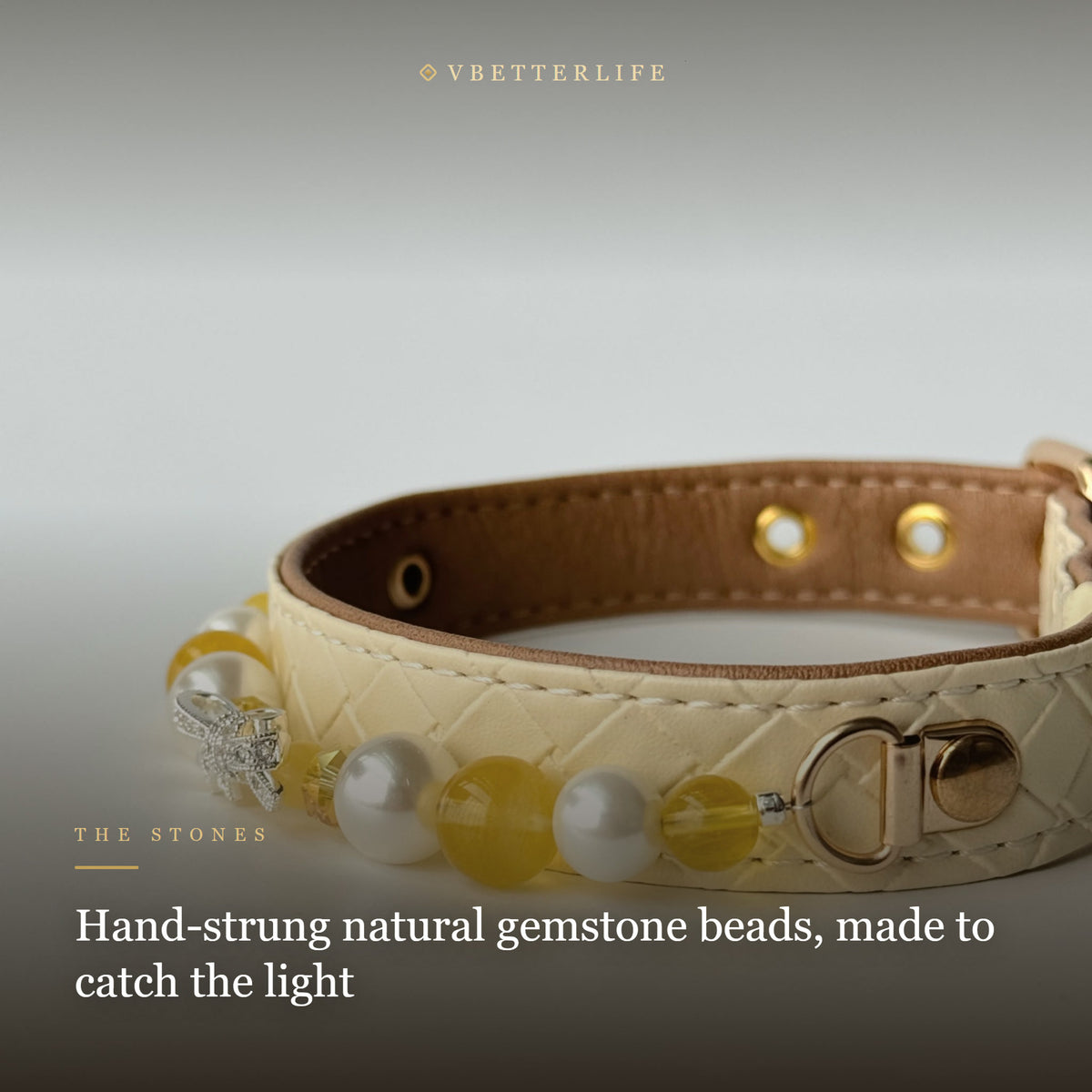 Citrine Pearl Bow Dog Collar for Small Dogs, Cream Quilted Leather