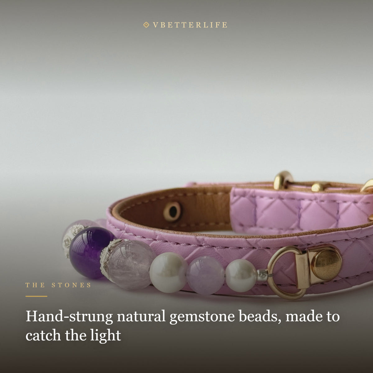 Amethyst & Pearl Beaded Dog Collar for Small Dogs, Purple Quilted Leather