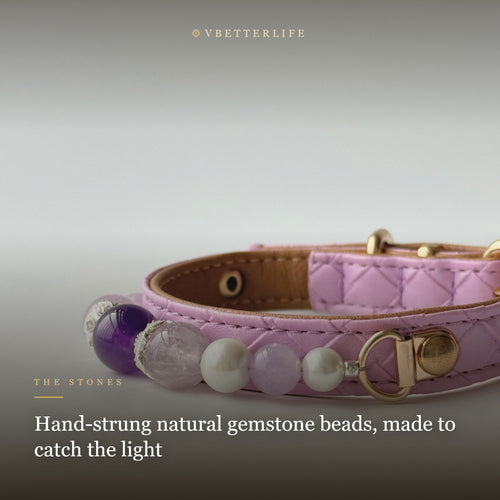 Amethyst & Pearl Beaded Dog Collar for Small Dogs, Purple Quilted Leather