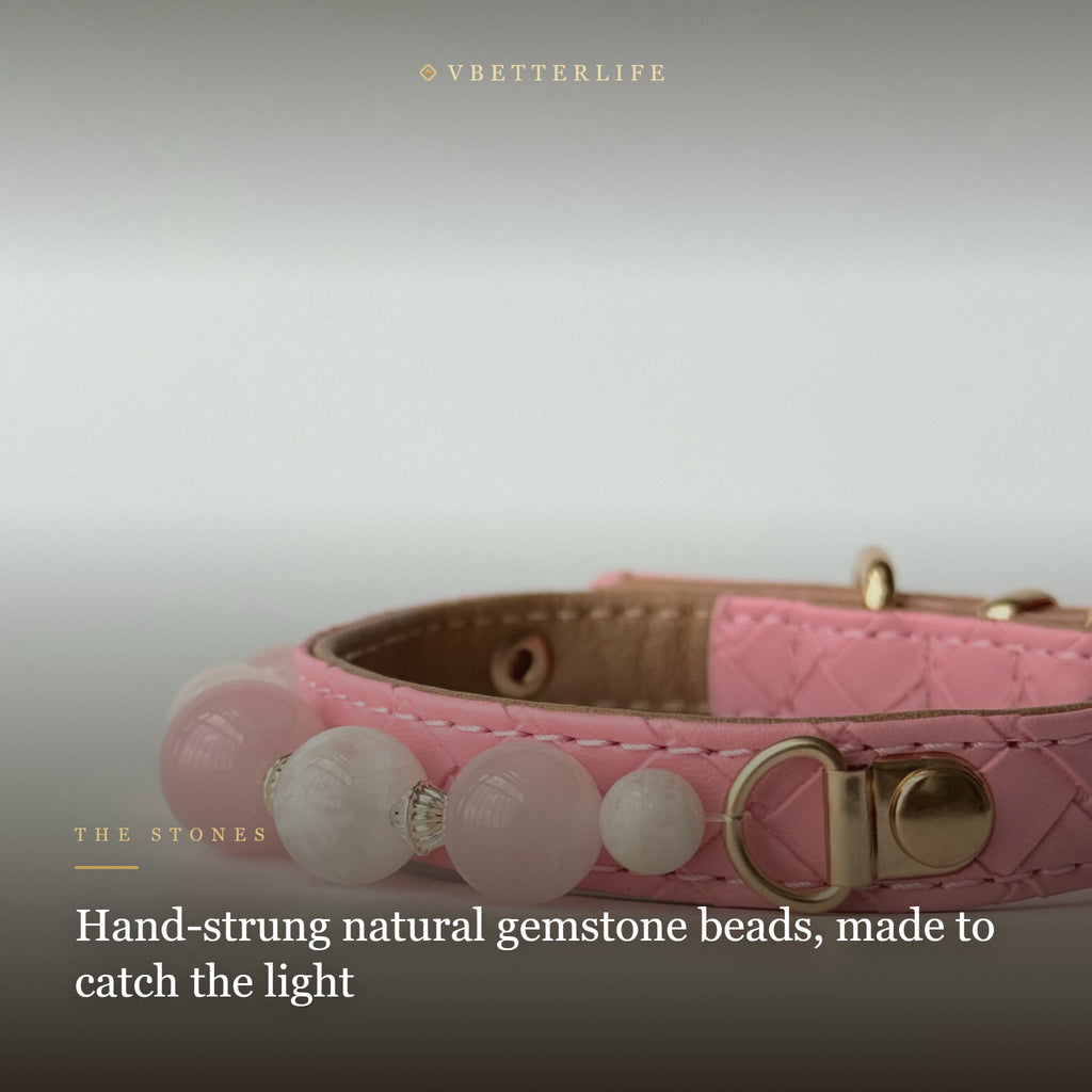 Rose Quartz Beaded Dog Collar for Small Dogs, Pink Quilted Leather