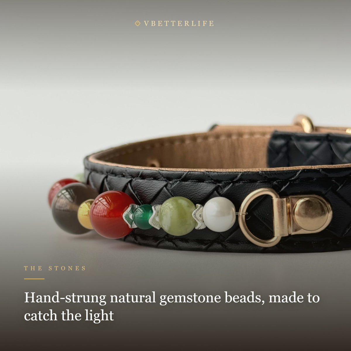 Carnelian & Pearl Beaded Dog Collar for Small Dogs, Black Quilted Leather