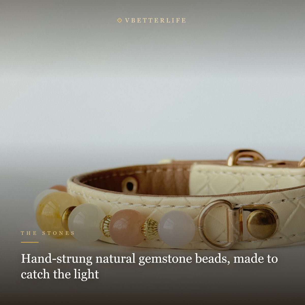 Yellow Jade & White Agate Beaded Dog Collar for Small Dogs, Cream Leather