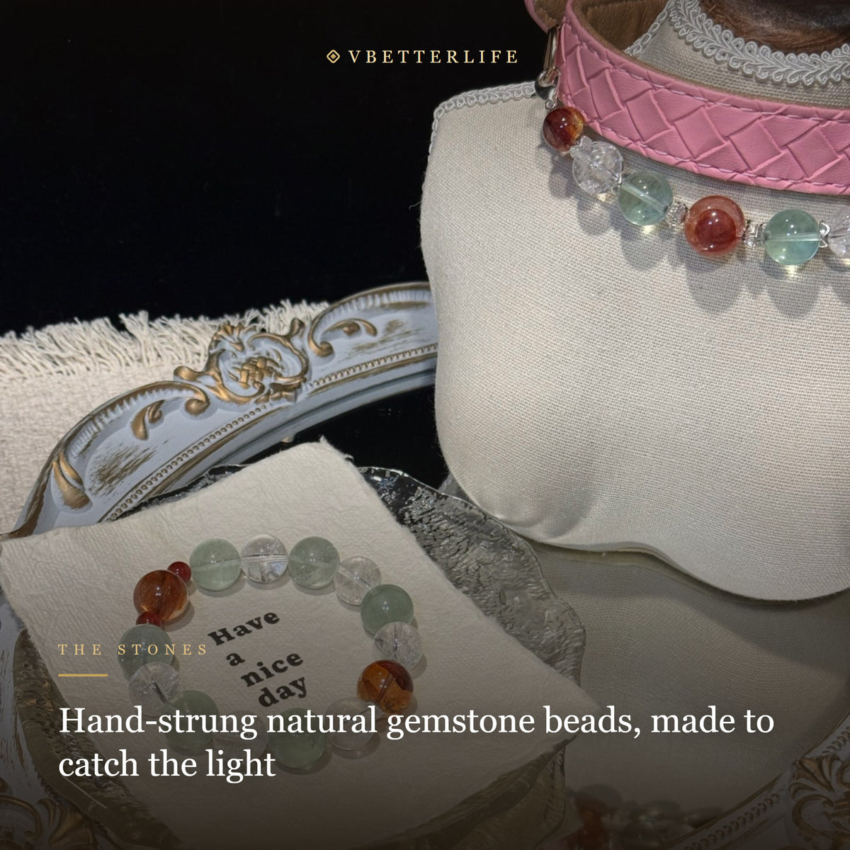 Green Phantom & Red Agate Beaded Dog Collar for Small Dogs, Pink Quilted Leather