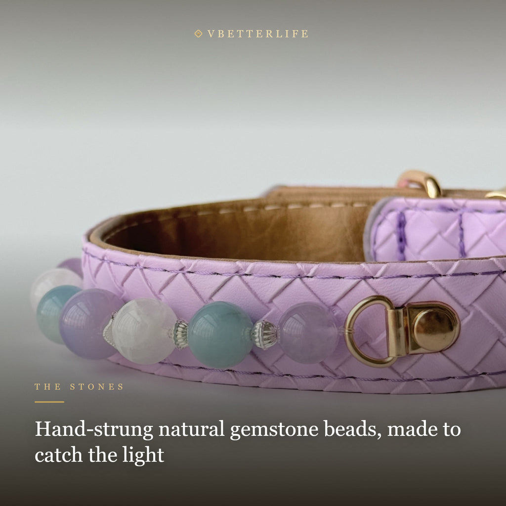Aquamarine & Amethyst Beaded Dog Collar for Small Dogs, Purple Leather