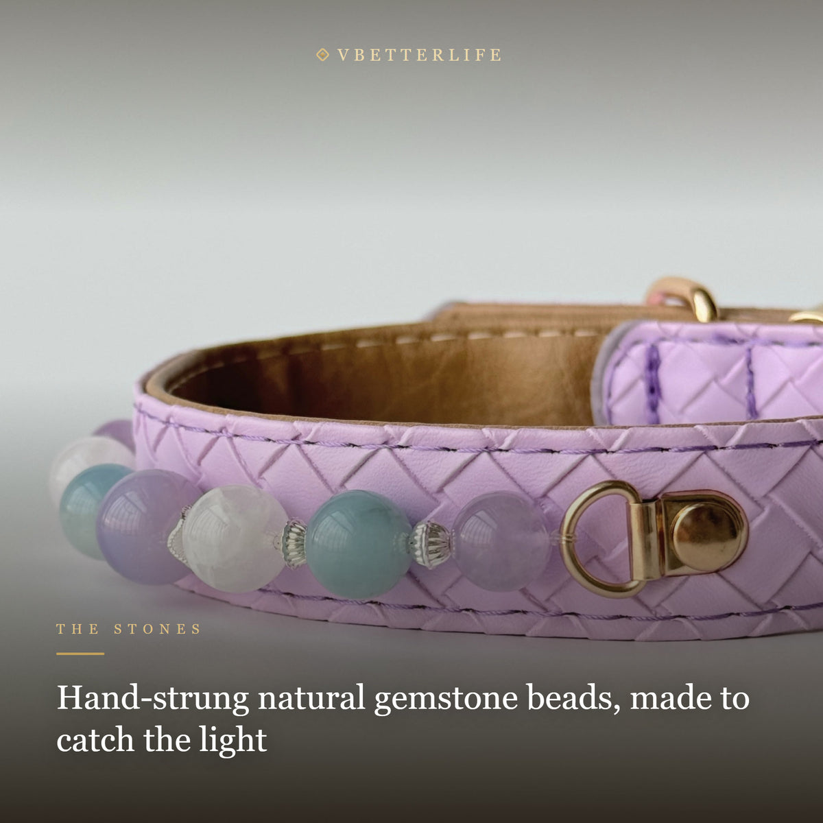 Aquamarine & Amethyst Beaded Dog Collar for Small Dogs, Purple Leather