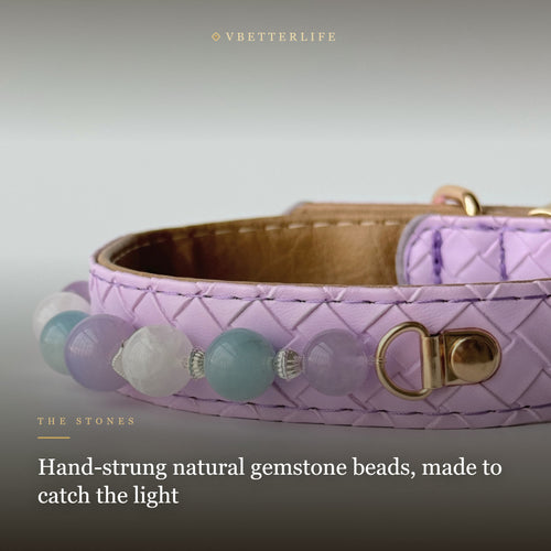 Aquamarine & Amethyst Beaded Dog Collar for Small Dogs, Purple Leather