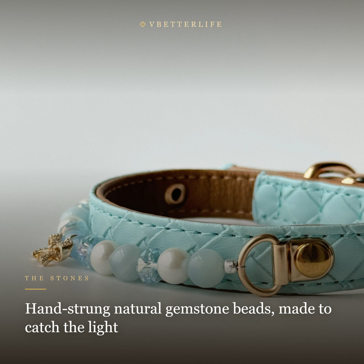 Pearl & Aquamarine Bow Dog Collar for Small Dogs, Sky Blue Quilted Leather